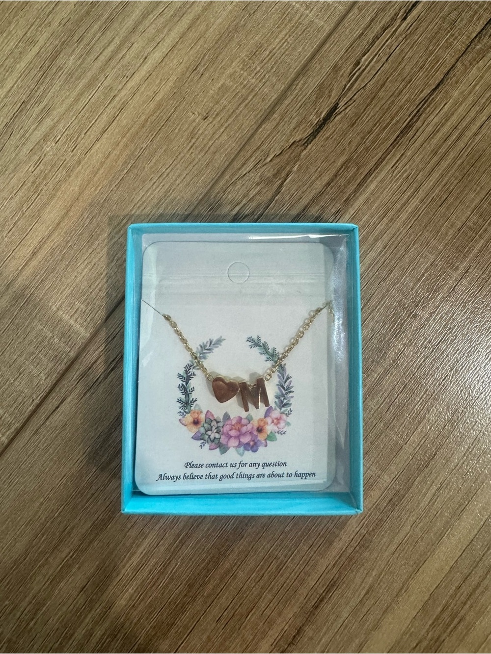 Gold Initial 'M' Heart Necklace - Turquoise Box